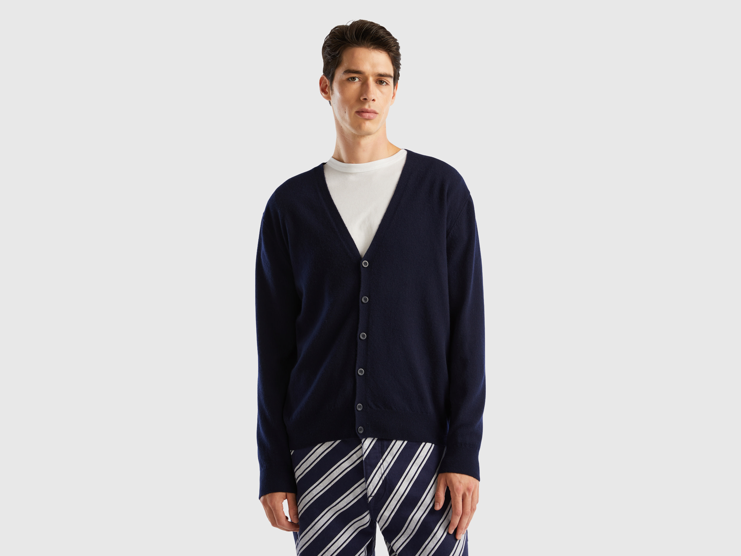 Benetton, Dark Blue V-neck Cardigan In Pure Merino Wool, size M, Dark Blue, Men