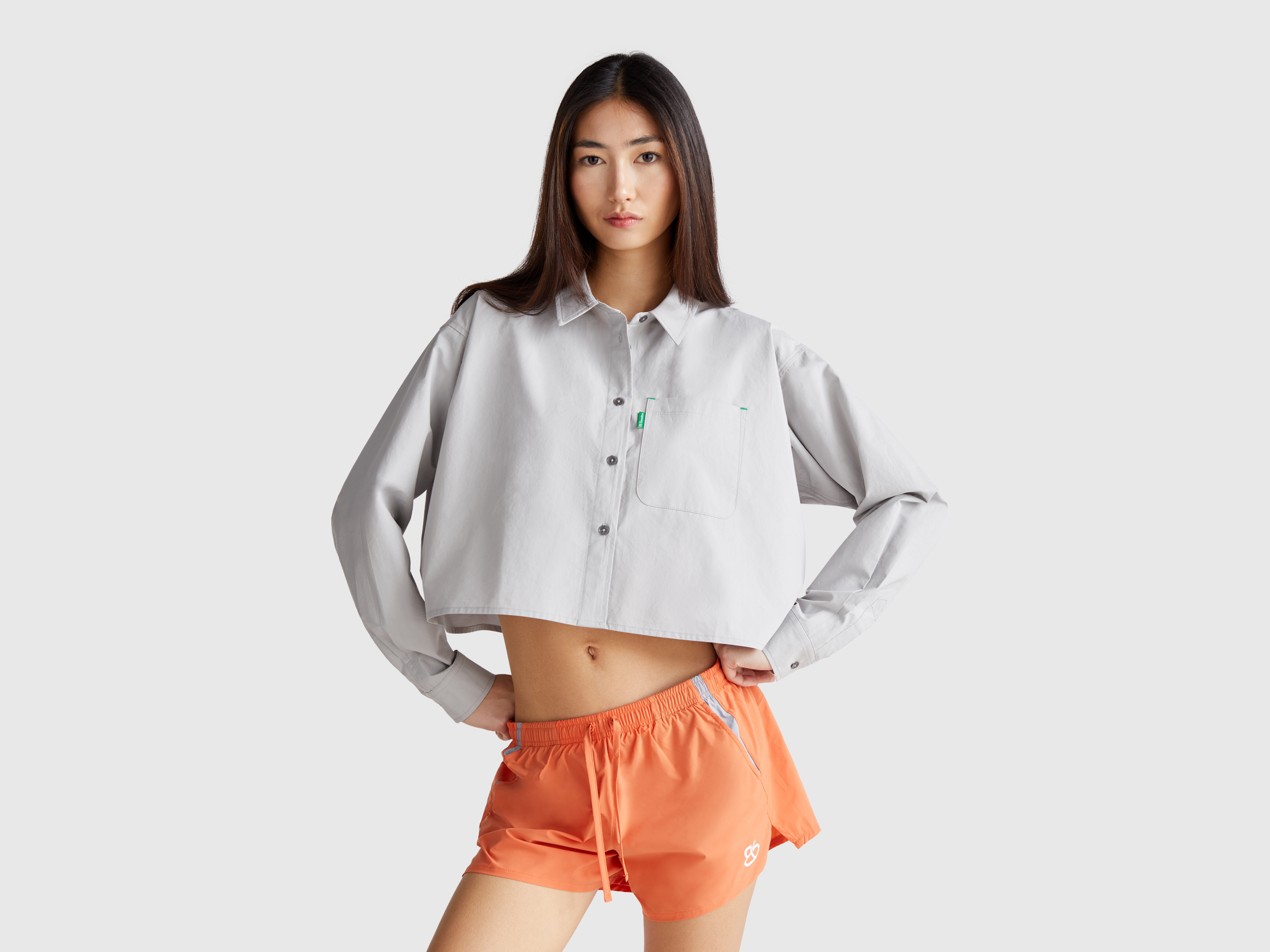 Benetton, Cropped Shirt In Pure Cotton, size XS-S, Gray, Women