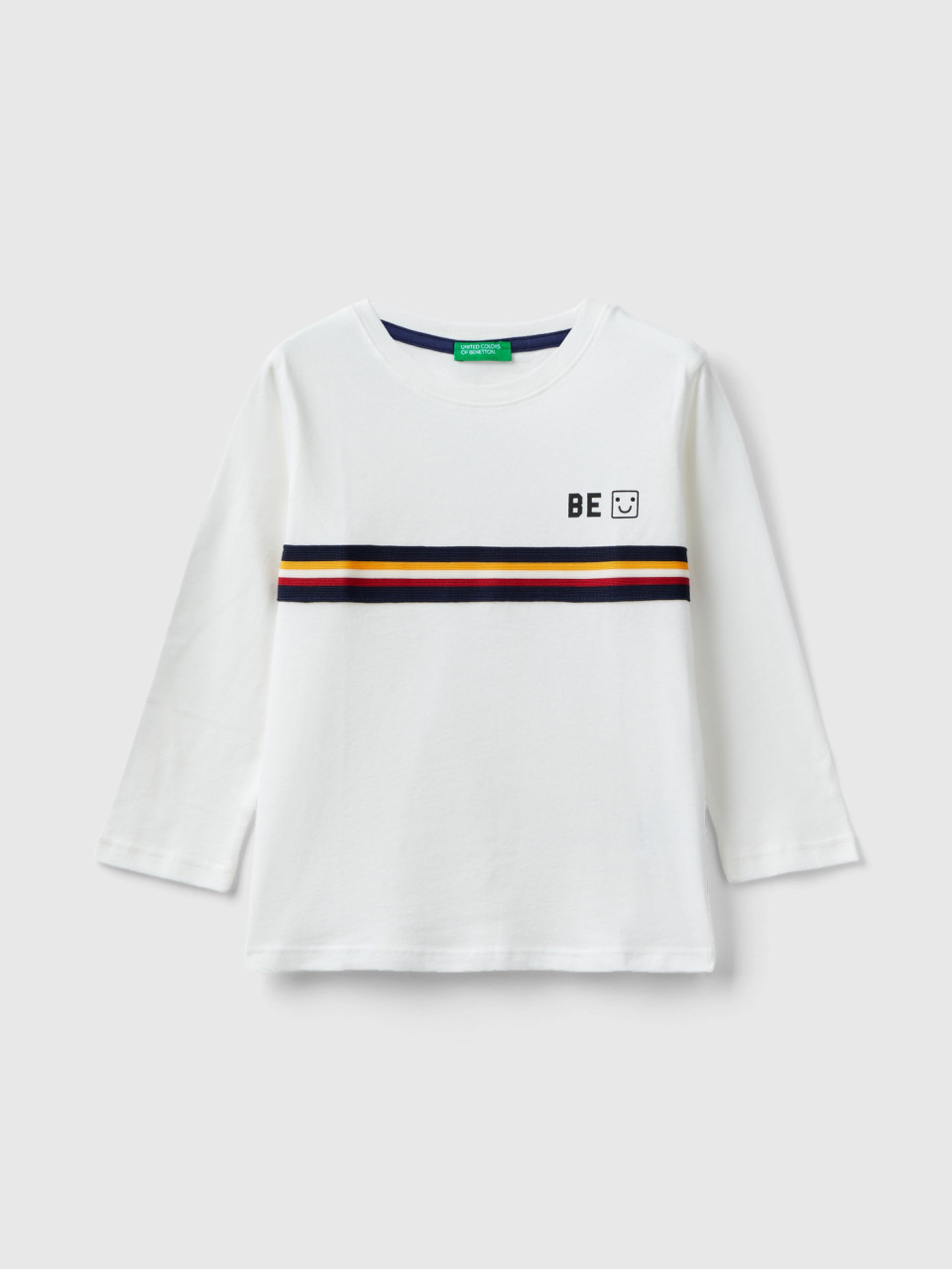 Benetton, T-shirt With Ribbed Band, White, Kids