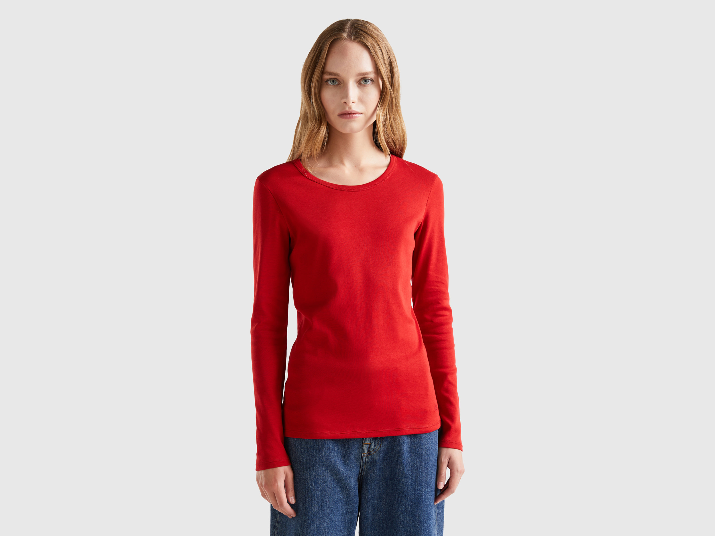 Benetton, Long Sleeve Pure Cotton T-shirt, size XL, Red, Women