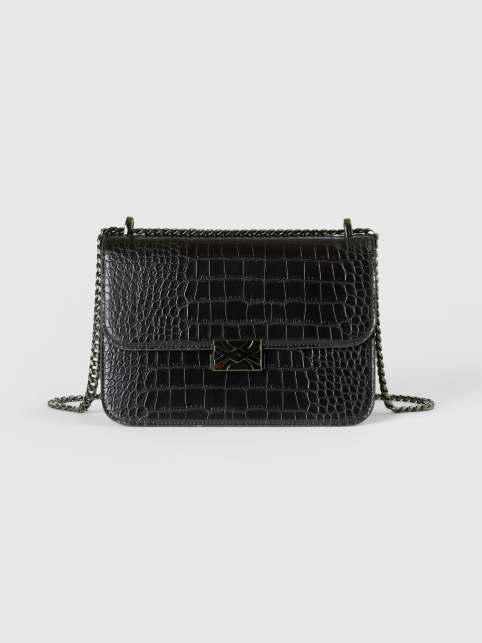 Benetton, Large Black Be Bag With Crocodile Print, Black, Women