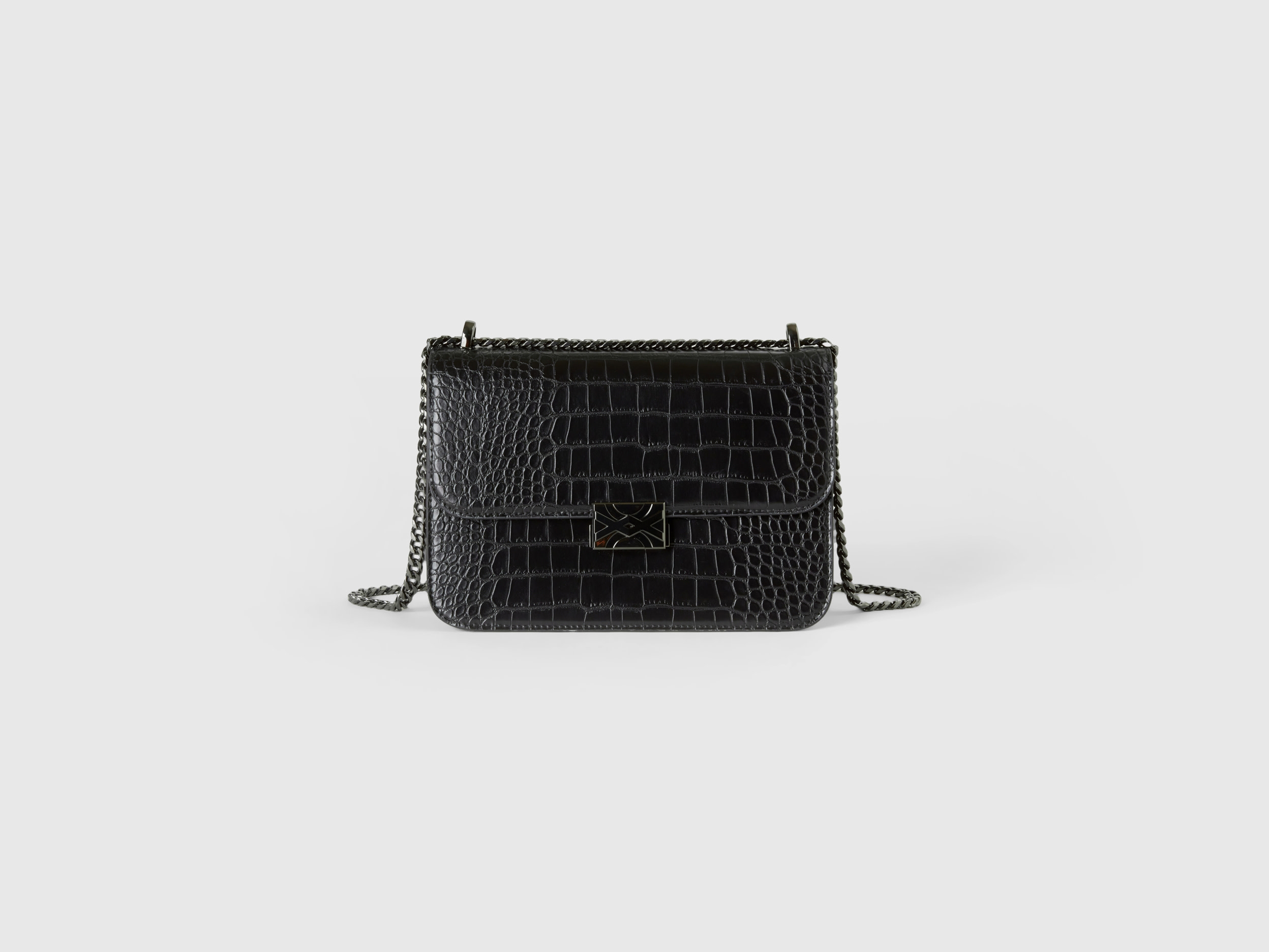 Benetton, Large Black Be Bag With Crocodile Print, size OS, Black, Women
