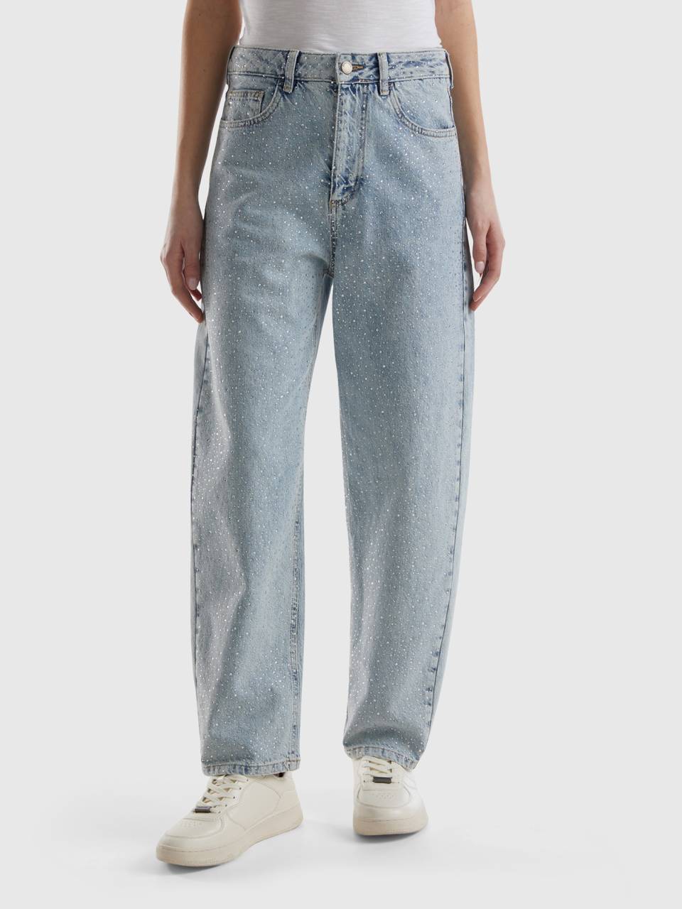 Jeans carrot fit con strass Azzurro Donna Benetton