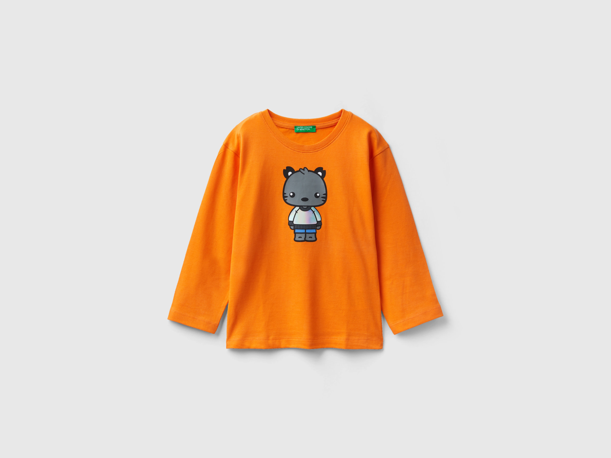 Benetton, Long Fiber Cotton T-shirt With Print, size 2-3, Orange, Kids