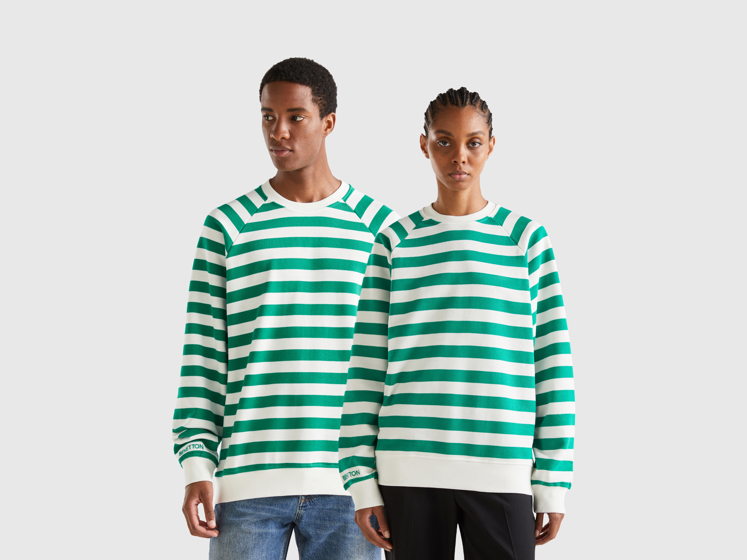 Benetton, White And Green Striped Sweatshirt, size S, Multi-color, Men