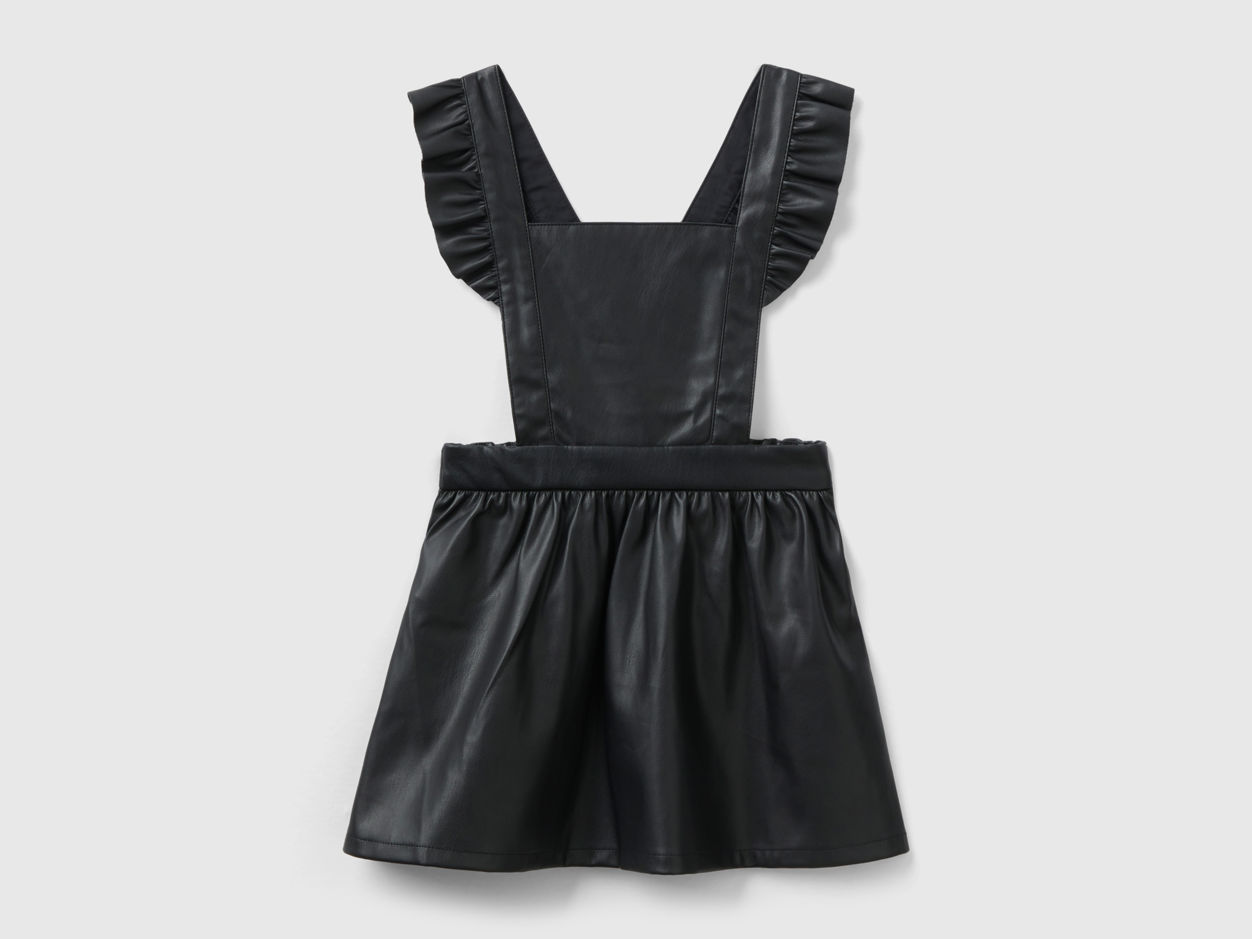 Benetton, Overall Skirt In Imitation Leather Fabric, size 5-6, Black, Kids
