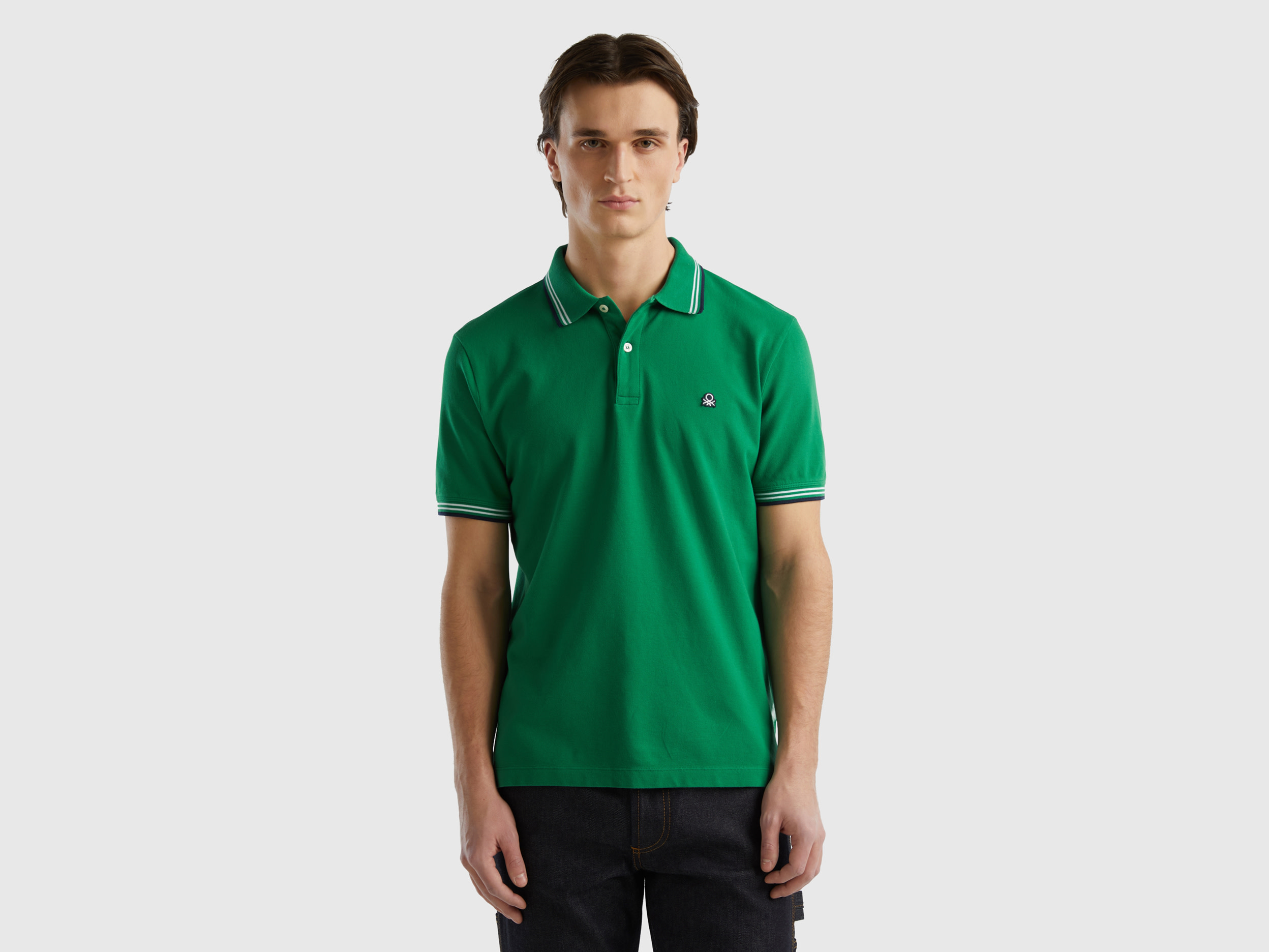 Benetton, Short Sleeve Stretch Cotton Polo, size S, Dark Green, Men