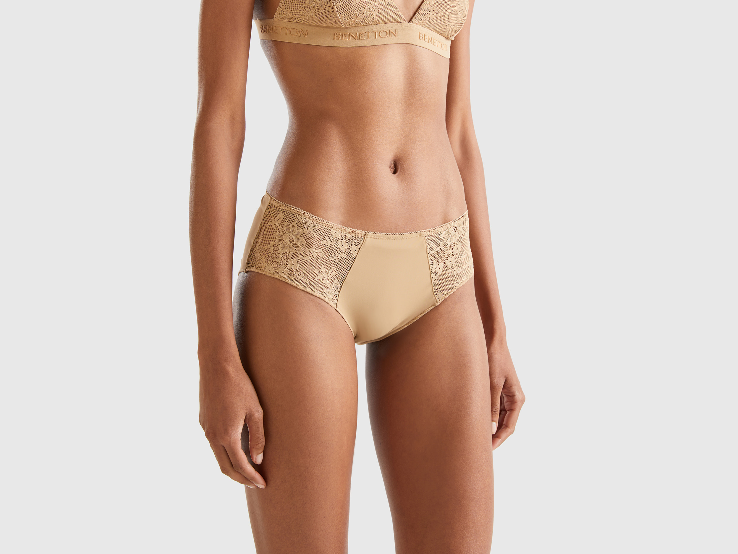 Benetton, Briefs In Lace And Microfiber, size XS, Camel, Women