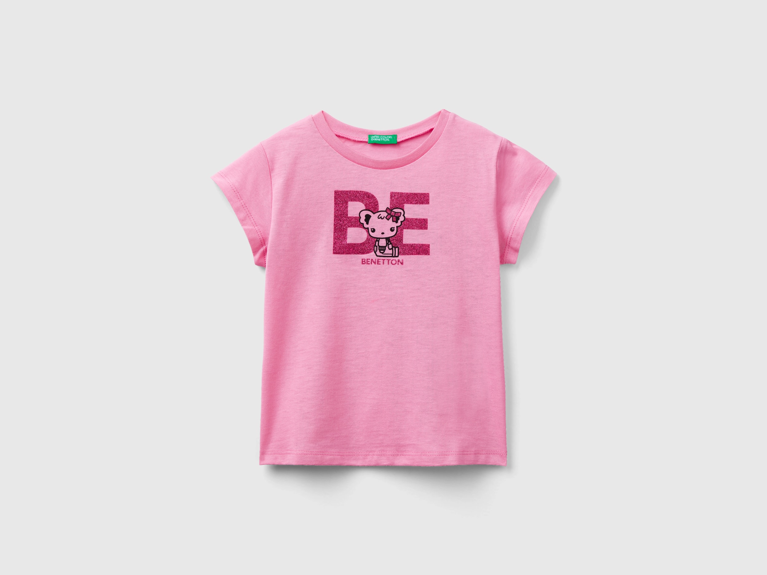 Benetton, T-shirt With Print In Organic Cotton, size 5-6, Pink, Kids