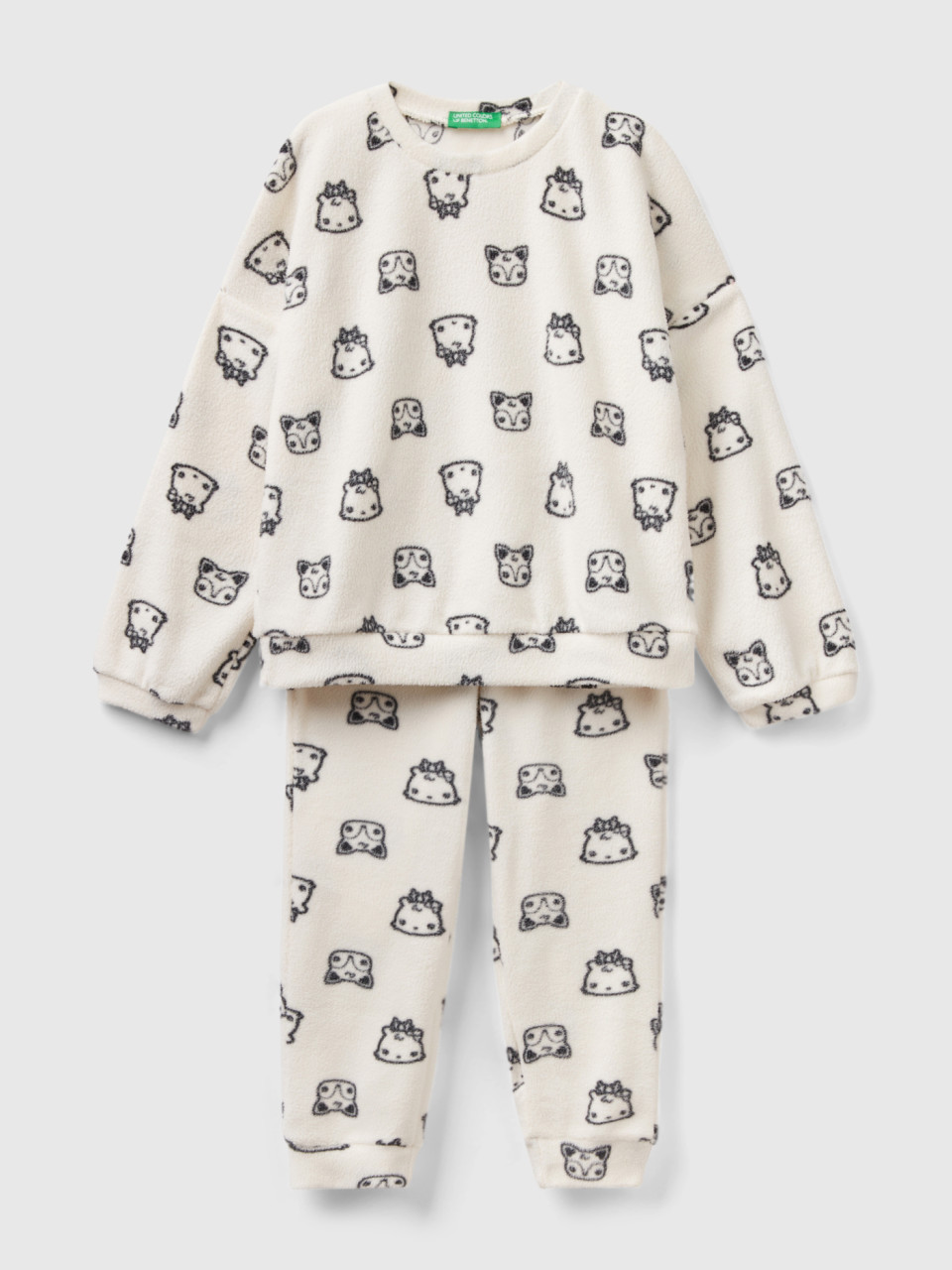 Benetton, Fleece Pyjamas With Mascot Print, Creamy White, Kids