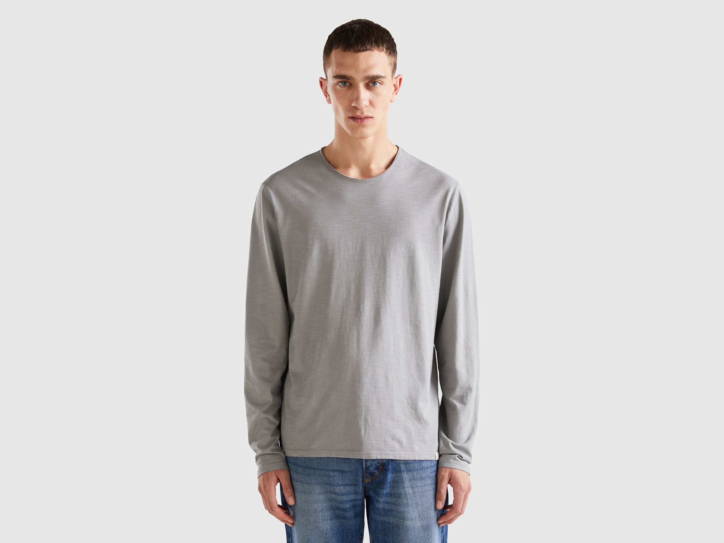 Benetton, Long Sleeve T-shirt In 100% Cotton, size M, Gray, Men