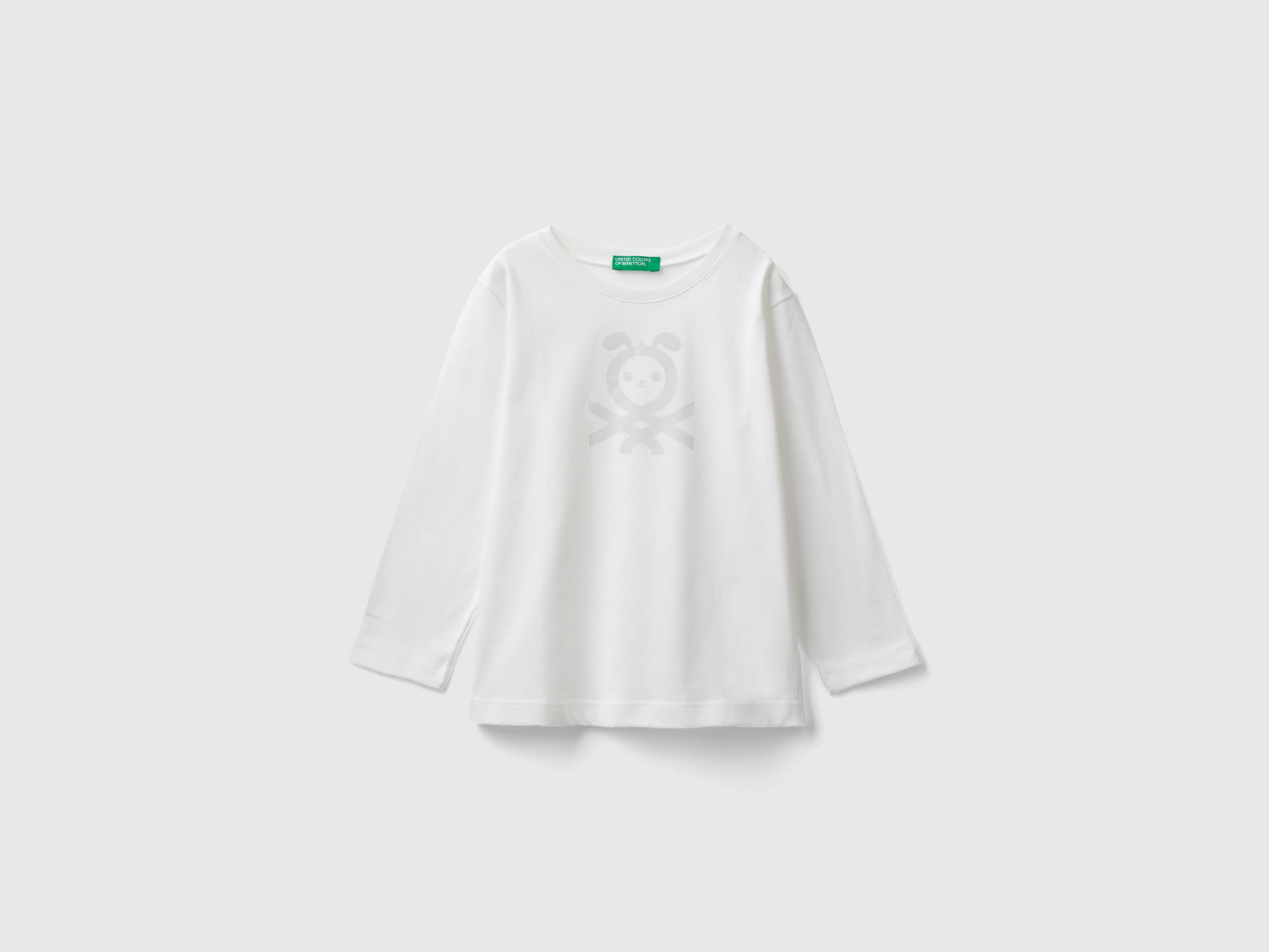 Benetton, Long Sleeve T-shirt With Logo, size 18-24, Creamy White, Kids