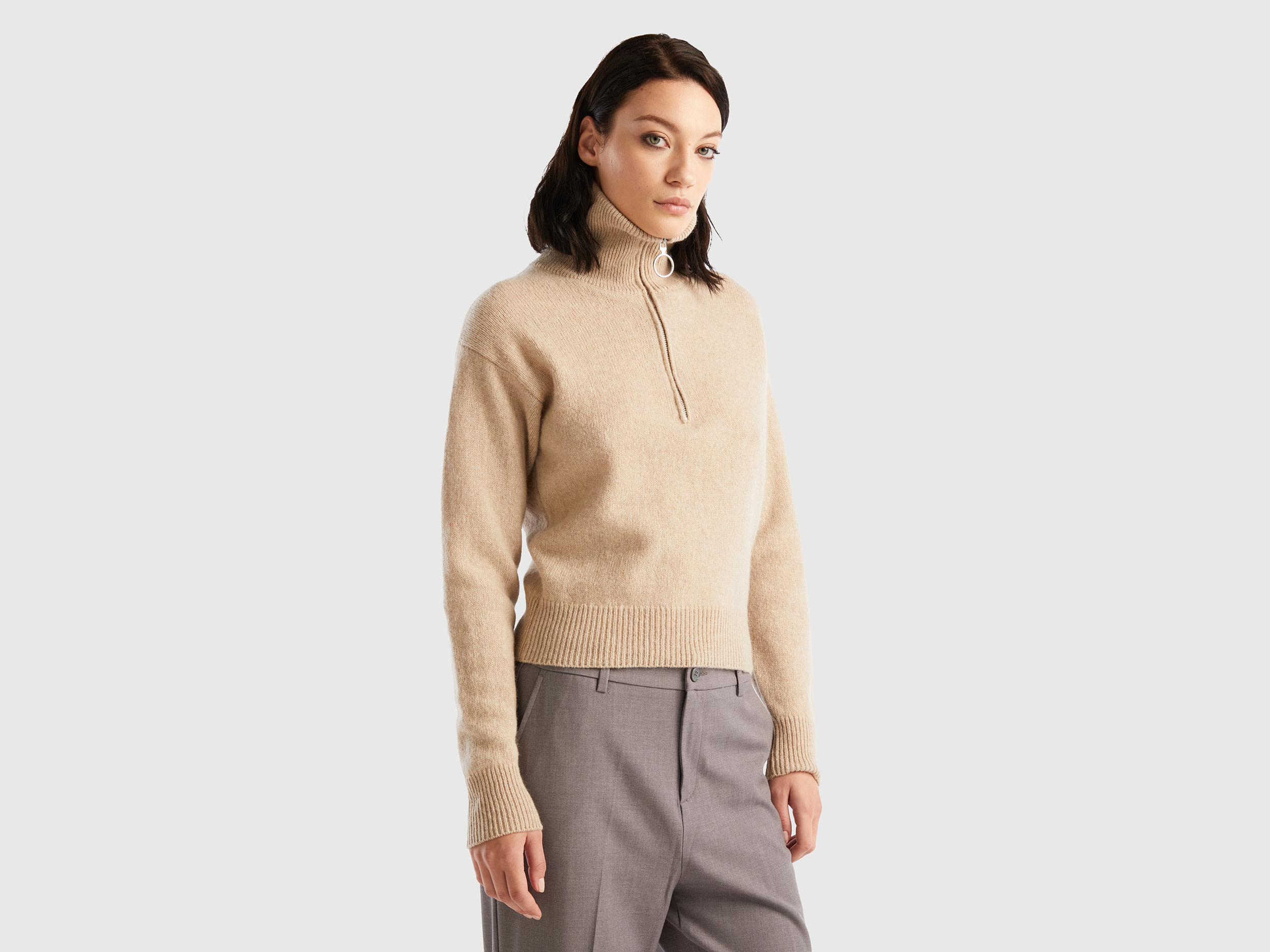 Benetton, High Neck Sweater In Pure Shetland Wool, size M, Beige, Women