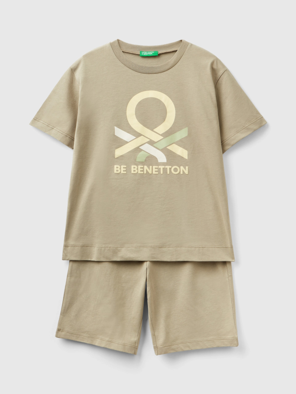 Benetton, Pijama Corto Verde Salvia Con Logotipo, Verde Claro, Niños