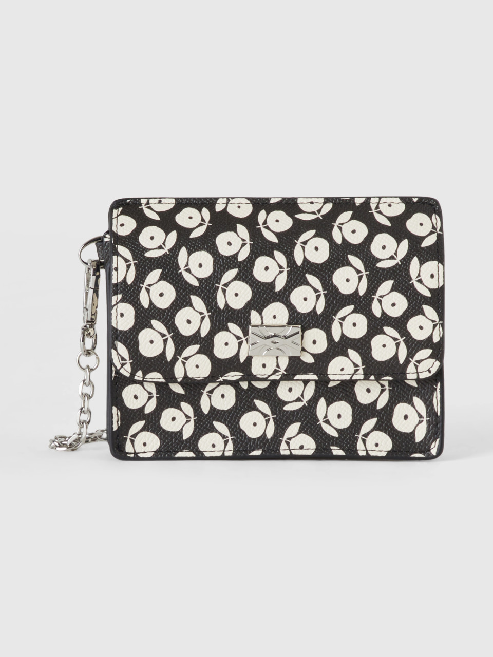 Benetton, Wallet And Card Holder With White Flowers, Black, Women