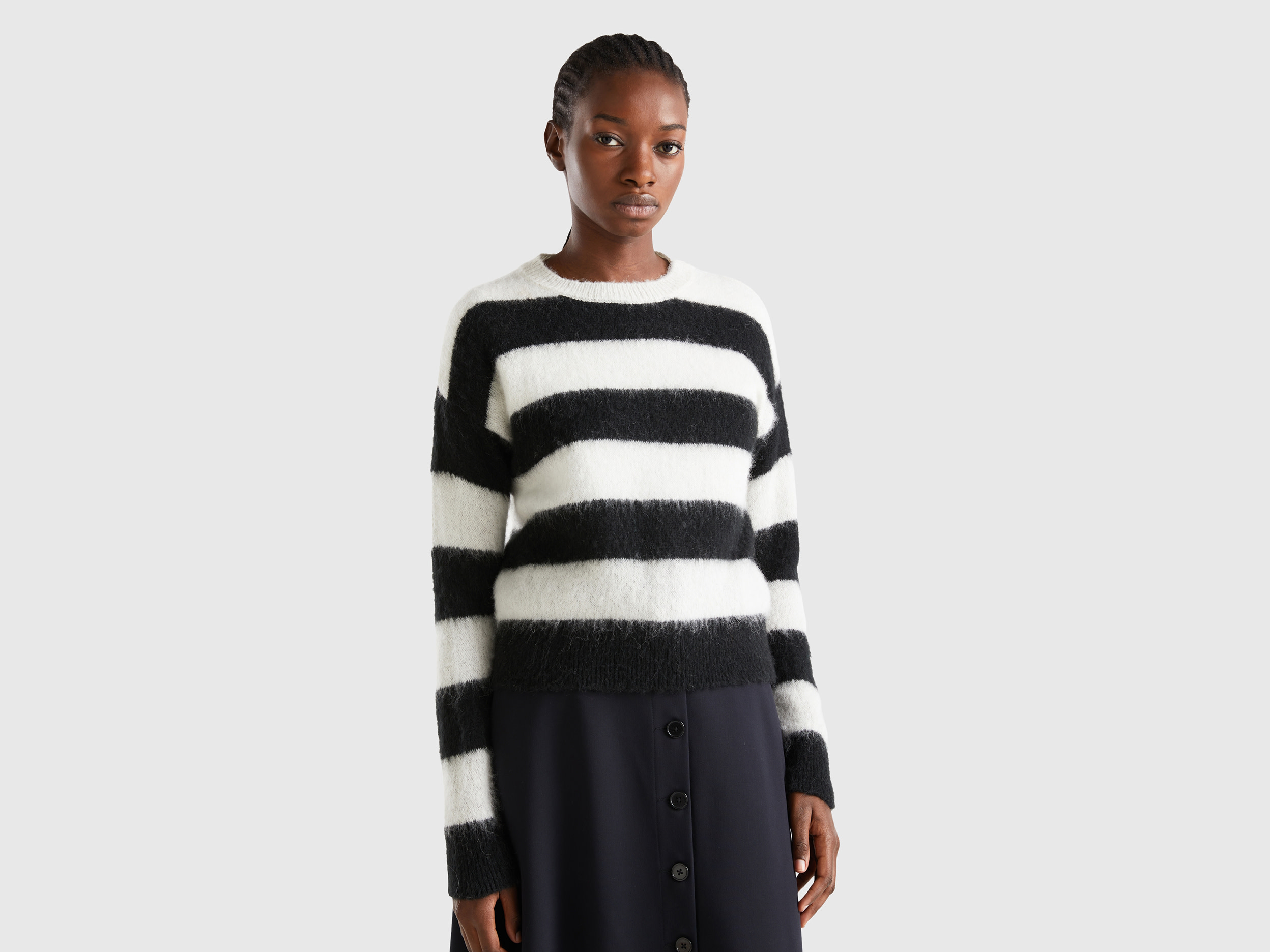 Benetton, Striped Sweater In Alpaca Blend, size L, Black, Women
