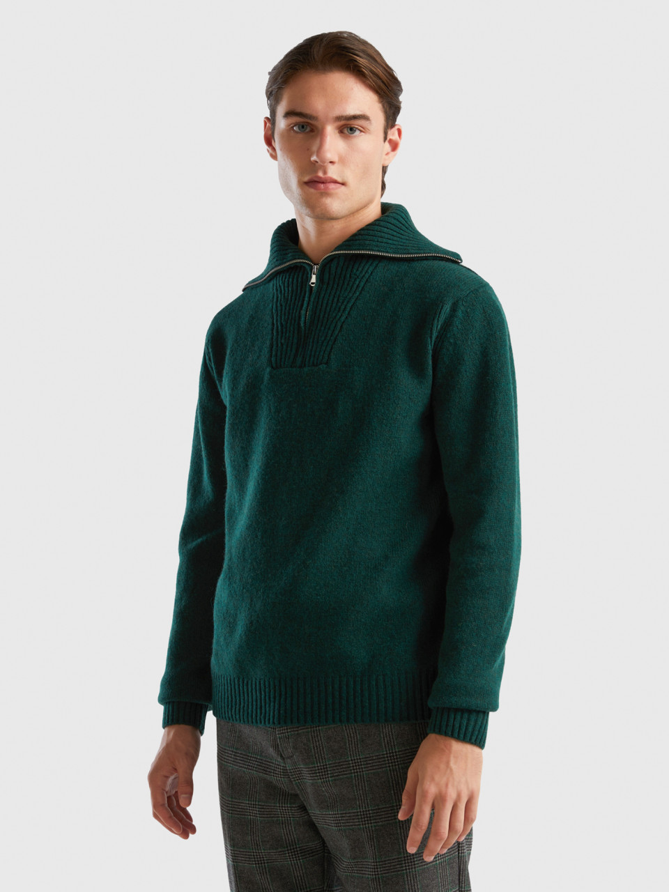 Benetton, Dark Green Sweater In Pure Shetland Wool, Dark Green, Men