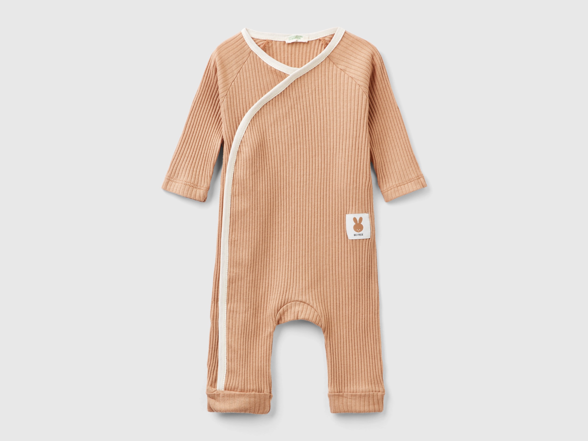 Benetton, Ribbed Onesie In Organic Cotton, size 1-3, Camel, Kids