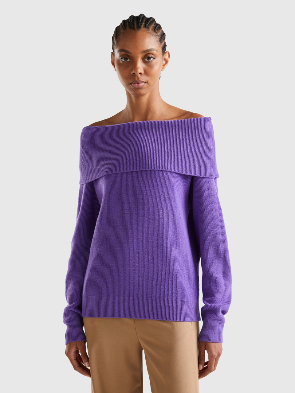 Benetton, Sweater With Bare Shoulders, Violet, Women
