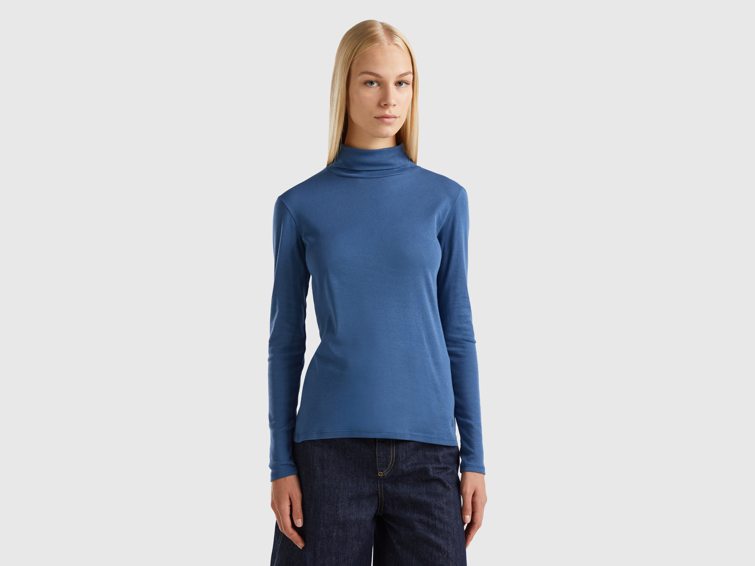 Benetton, Long Sleeve T-shirt With High Neck, size L, Air Force Blue, Women