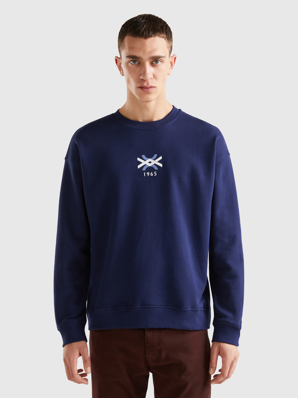 Benetton, Crew Neck Sweatshirt With Logo Print, Dark Blue, Men
