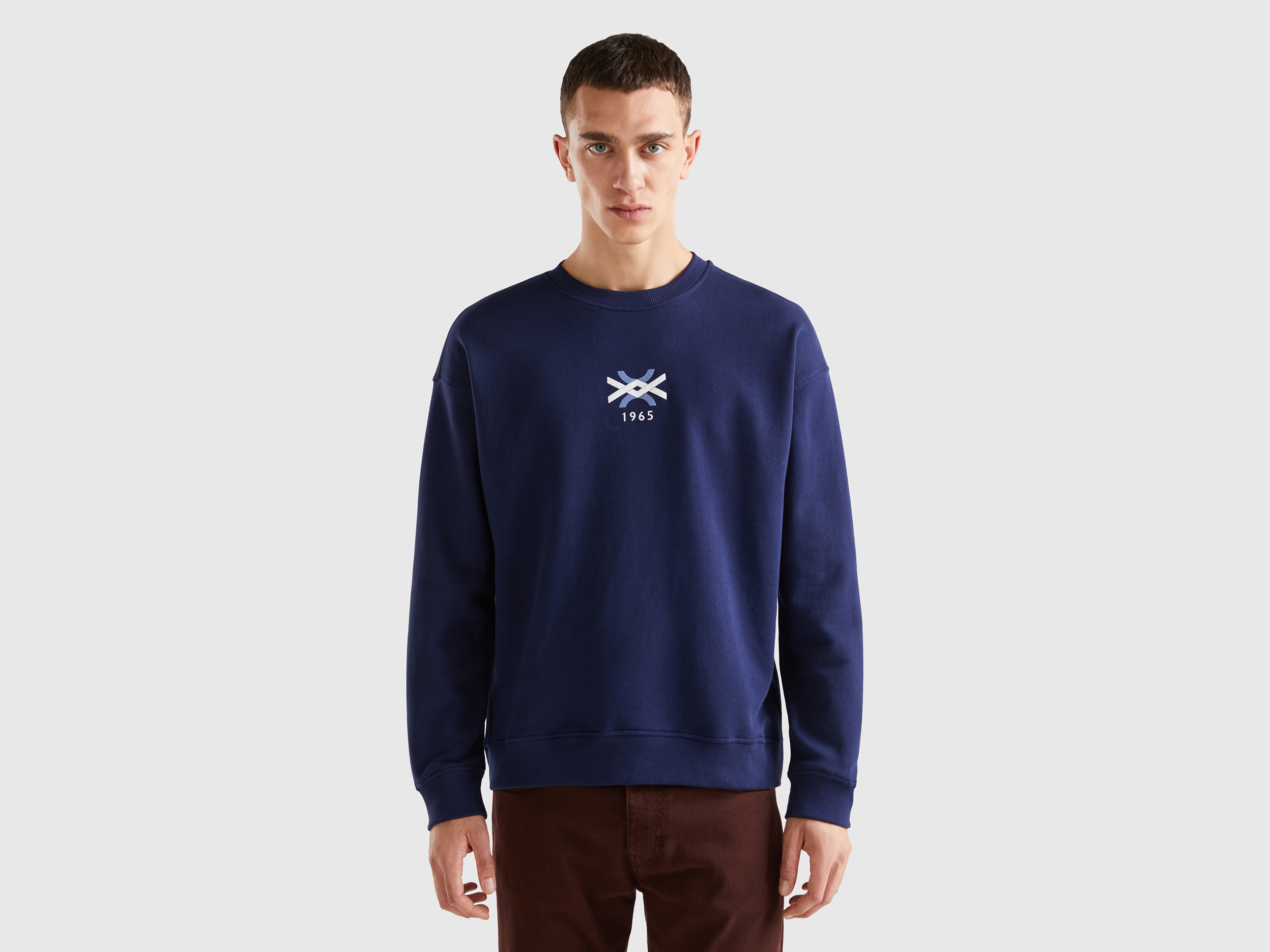 Benetton, Crew Neck Sweatshirt With Logo Print, size XXXL, Dark Blue, Men