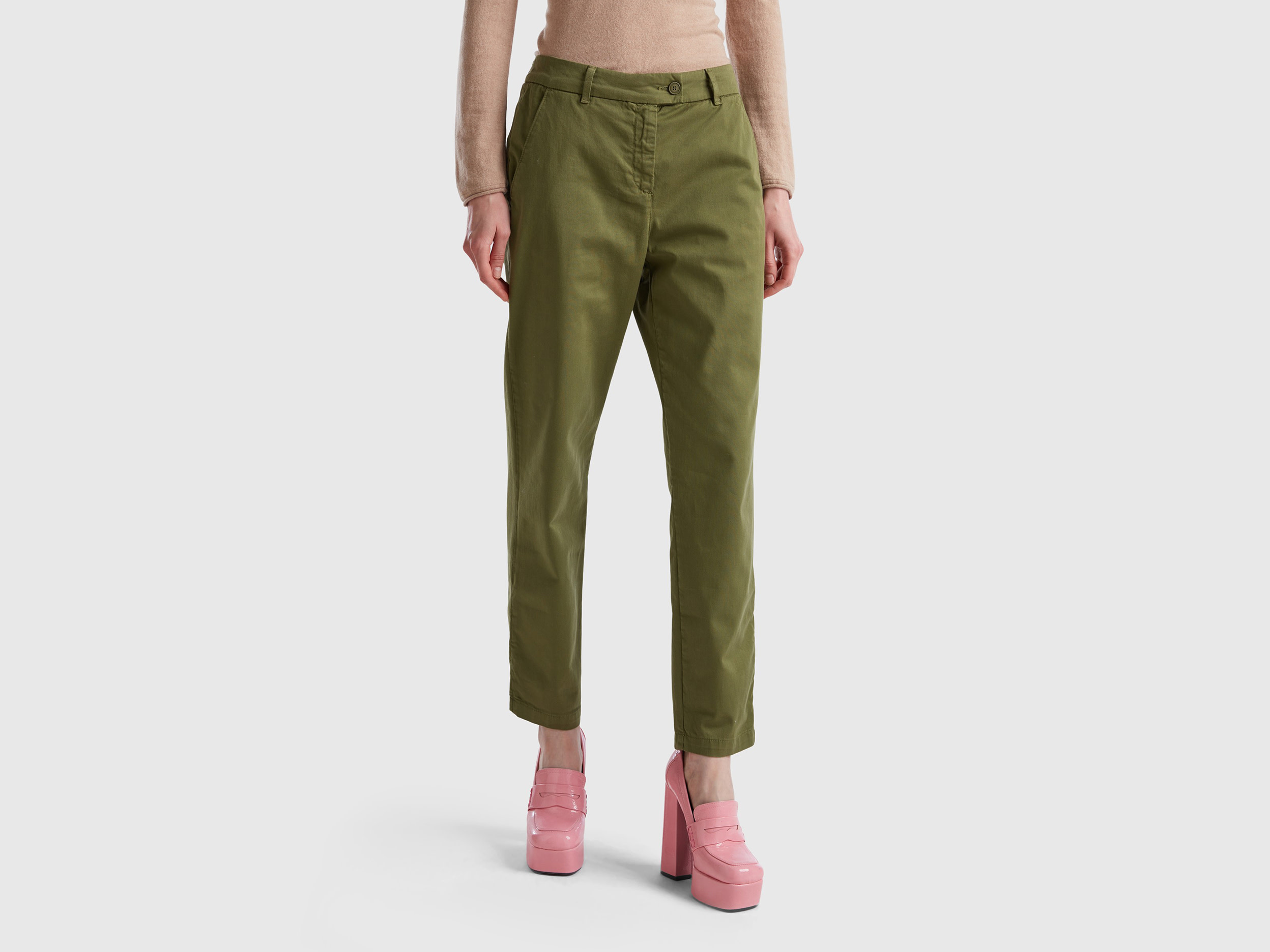 Benetton, Stretch Cotton Chino Trousers, size 8, Military Green, Women